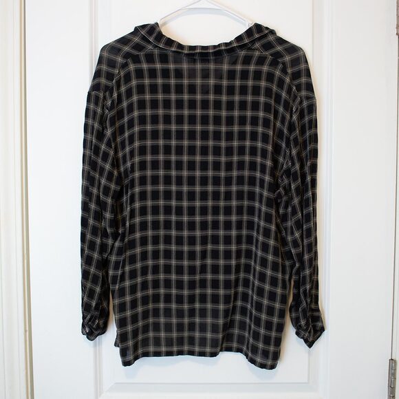 Windowpane Plaid Black Blouse VTG 14 Button Front Long Sleeve Rena Rowan - Picture 2 of 9